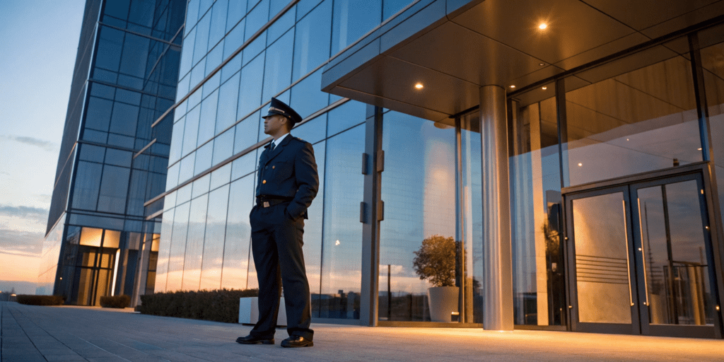 A guard from a private security company in the USA protecting a modern office building.