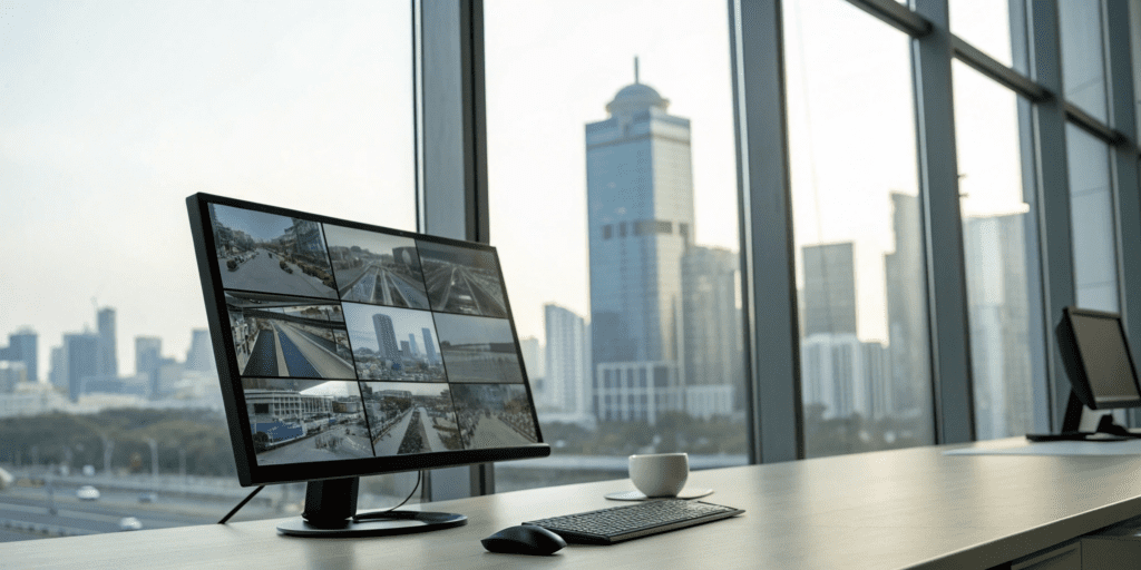 Security control room monitors displaying technology used by the best security companies in the USA.