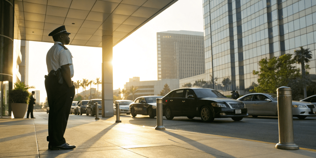 Best crowd management security with a guard monitoring the flow of a large crowd.