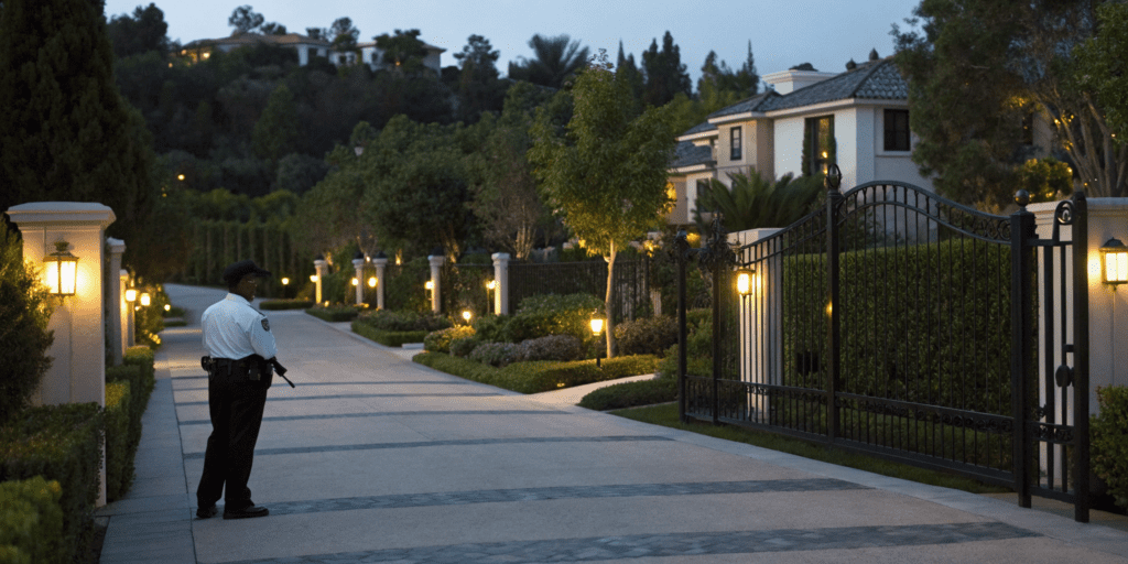 Security guard monitoring the secure entrance of a gated community.