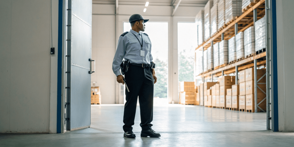 A security guard stands watch in a warehouse, protecting valuable inventory and assets.