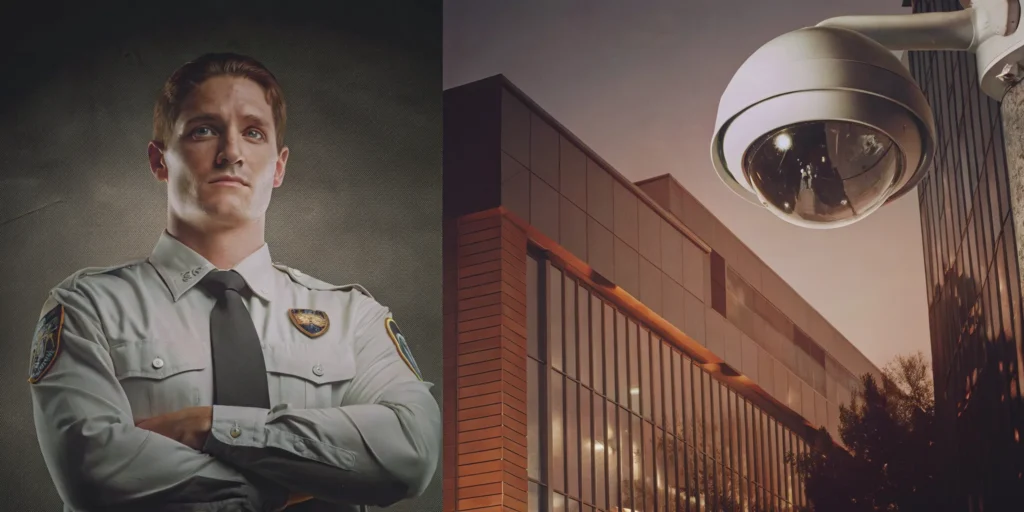 A 24 hour security guard on duty outside a building, providing property protection.