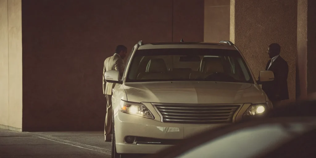 A security patrol vehicle with two officers on patrol.