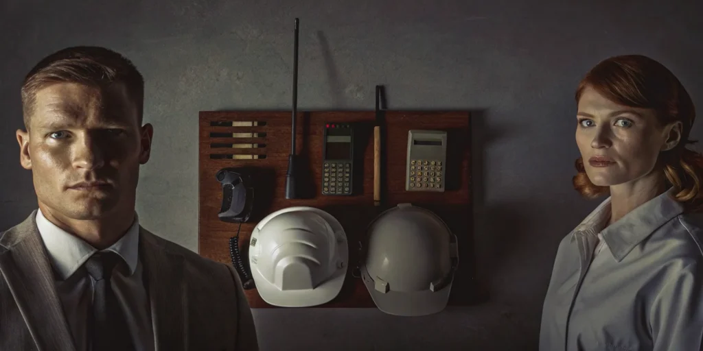 Personal security detail professionals coordinating protection with communication equipment.