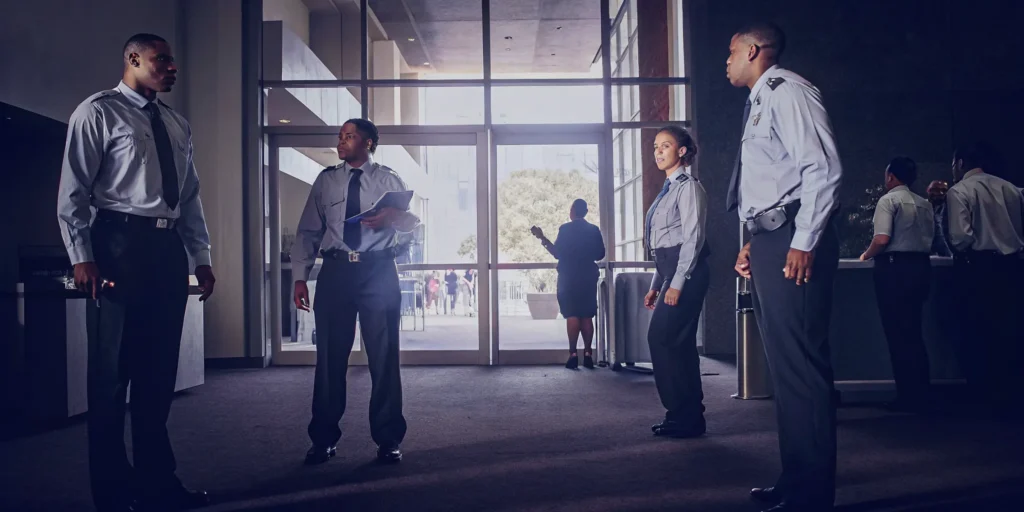 Professional event security guards coordinating access control