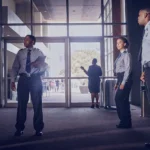 Professional event security guards coordinating access control