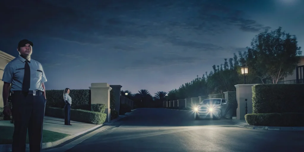 Security guard monitoring the entrance to a gated residential community