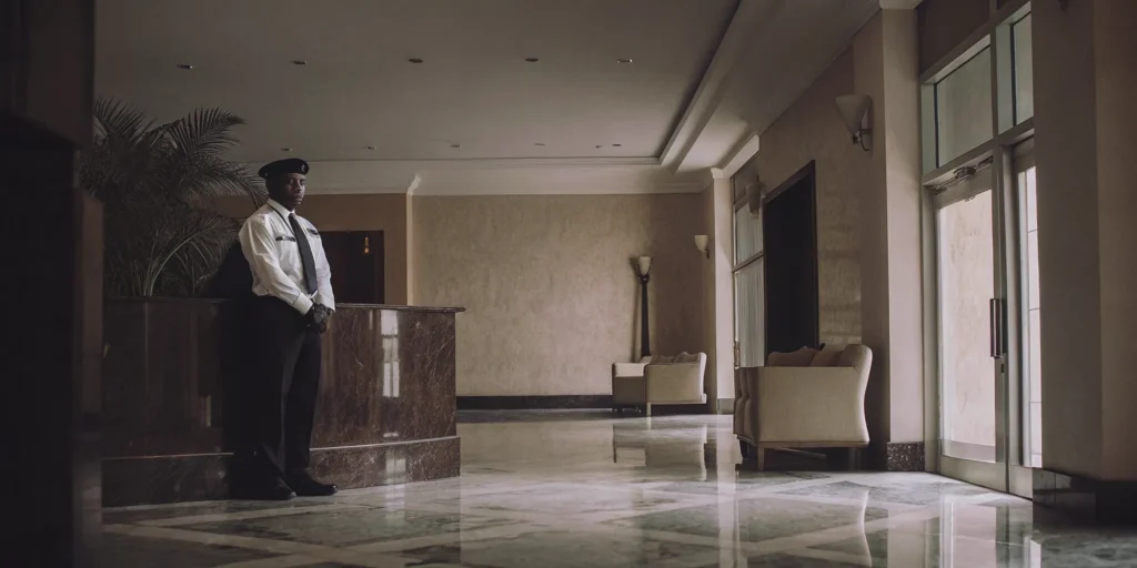 Professional hotel security guard monitoring a hotel lobby