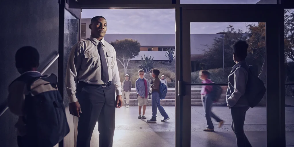 School security officer performing school security guard duties at a campus entrance