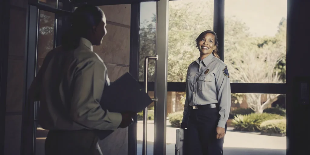 School security guard meeting with an administrator