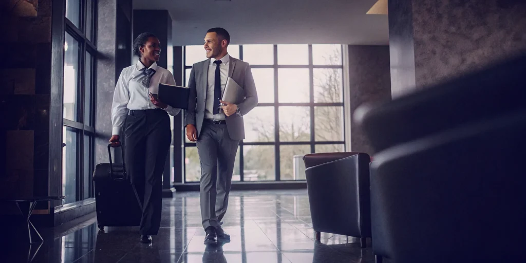 Hotel security officer coordinating with a hotel manager