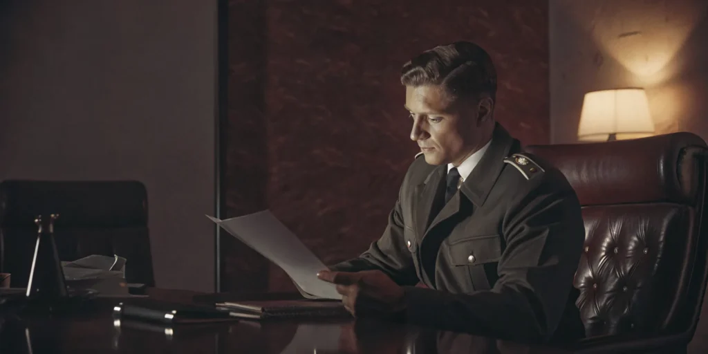 A professional security guard in uniform reviewing a security service agreement contract on a modern desk with warm lighting.