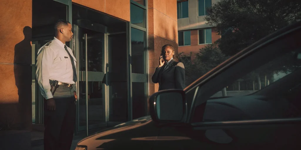 Commercial security guard discussing security guard cost with a San Diego facility manager
