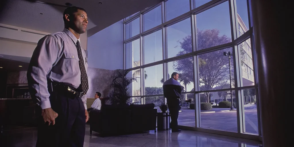 Unarmed security officer monitoring a modern office lobby
