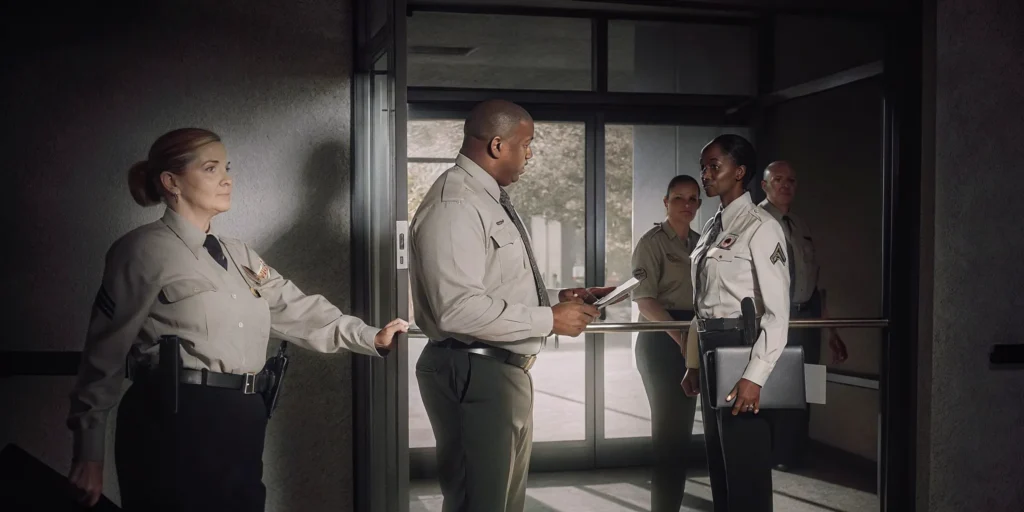 Professional security guards at a corporate conference entrance in Southern California