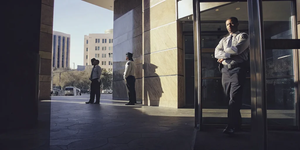 Professional security guard at a San Diego commercial office building entrance