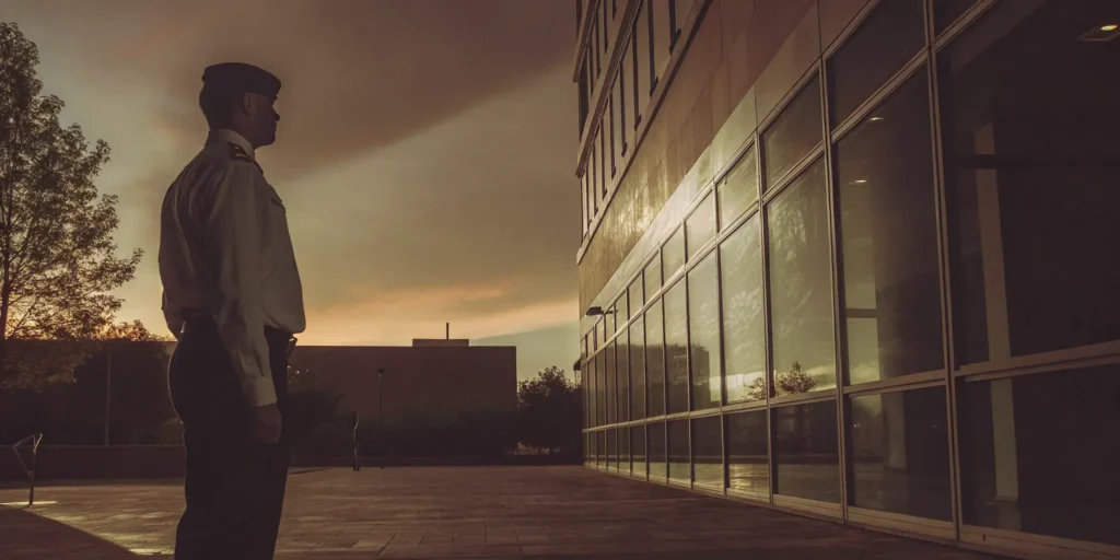 A professional security officer in uniform standing watch during sunset outside a modern corporate headquarters