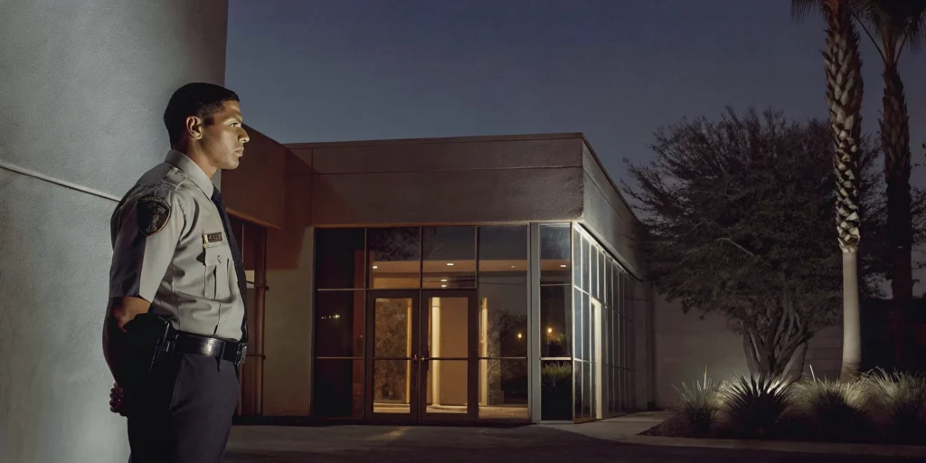 Professional security guard standing watch outside a modern commercial office building at dusk