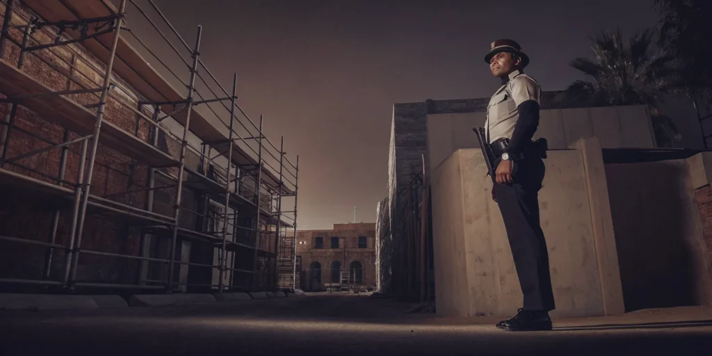 Professional security guard patrolling a Los Angeles construction site at dusk