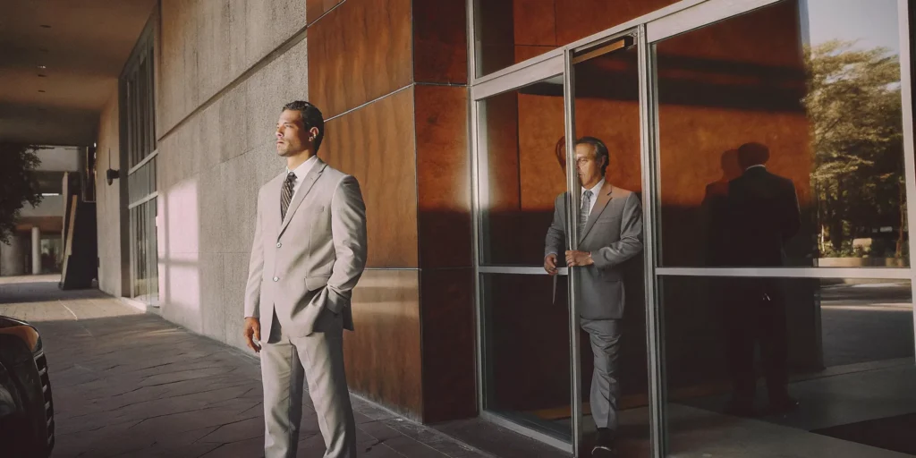 Professional executive protection officer standing discreetly beside a business leader outside a modern San Diego corporate building