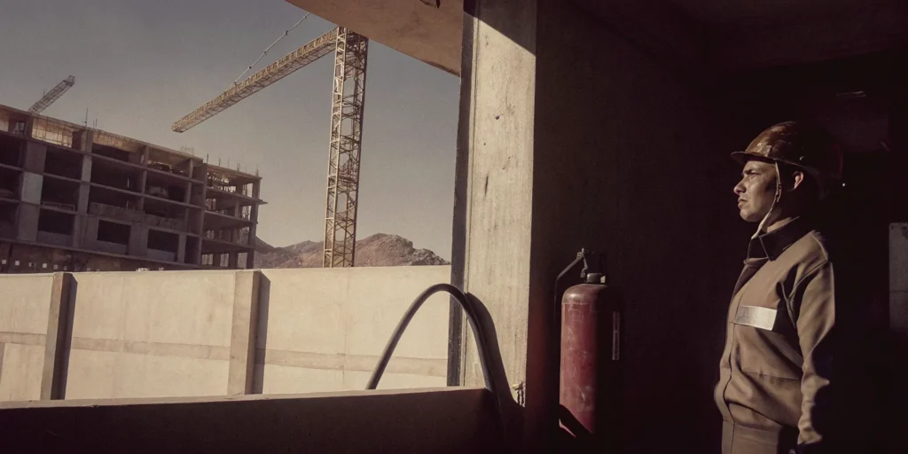 A professional fire watch security officer standing watch at a California construction site with active building frames