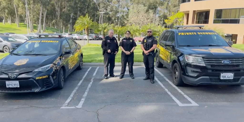 Professional security guard providing parking lot security services at a commercial property