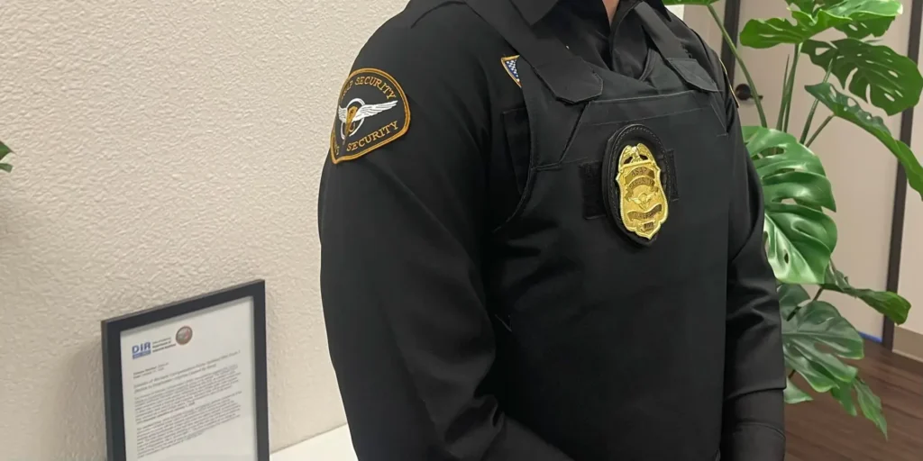 Security guard conducting a patrol near a solar farm perimeter